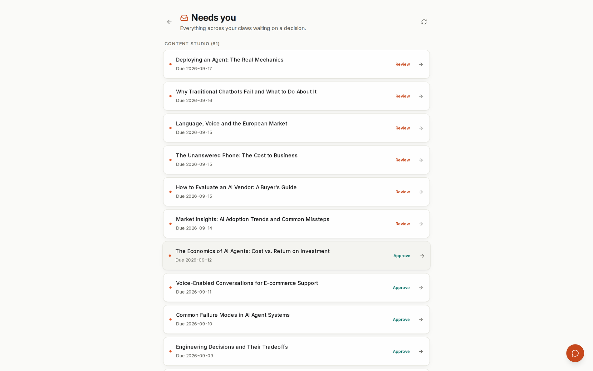 The Needs you queue: everything across every Claw waiting on a decision, each item with a Review or Approve action